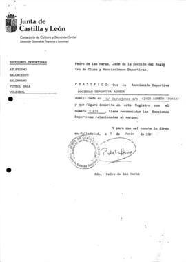 Inscripción de la sociedad Deportiva "AGREDA" en el registro de Entidades Deportivas