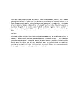 Poder notarial para reclamar deudas a los herederos del  Conde de Aguilar (Transcripción)
