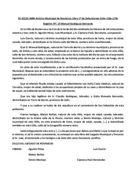 Acta de defunción de Mariano Rodriguez Bernardo (Registro Civil) Transcripción