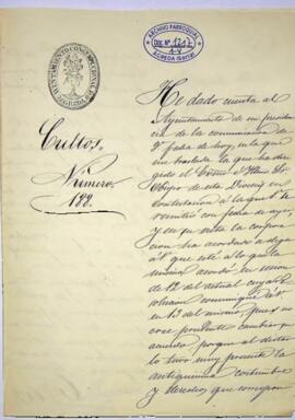 Correspondencia del Ayuntamiento de Agreda sobre la misa en la Ermita del Barrio