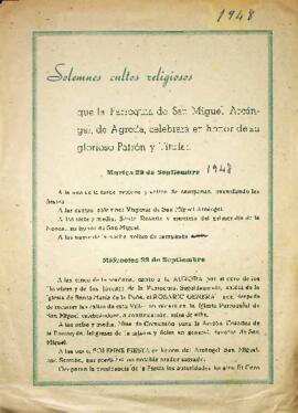 Solemnes cultos religiosos que la Parroquia de S. Miguel Arcángel de Ágreda, celebrará en honor d...