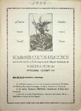 Solemnes cultos religiosos que la Parroquia de S. Miguel Arcángel de Ágreda, celebrará en honor d...