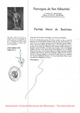 Partida literal de bautismo Jorge Luis Isidoro Becquer Esteban